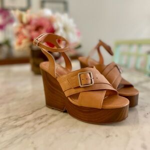 Vince Camuto Tan Leather Wedges With Wood Grain Platform Heel